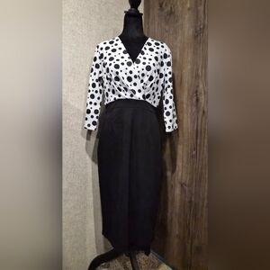 Black and White Polka Dot Midi Dress with V-Neck